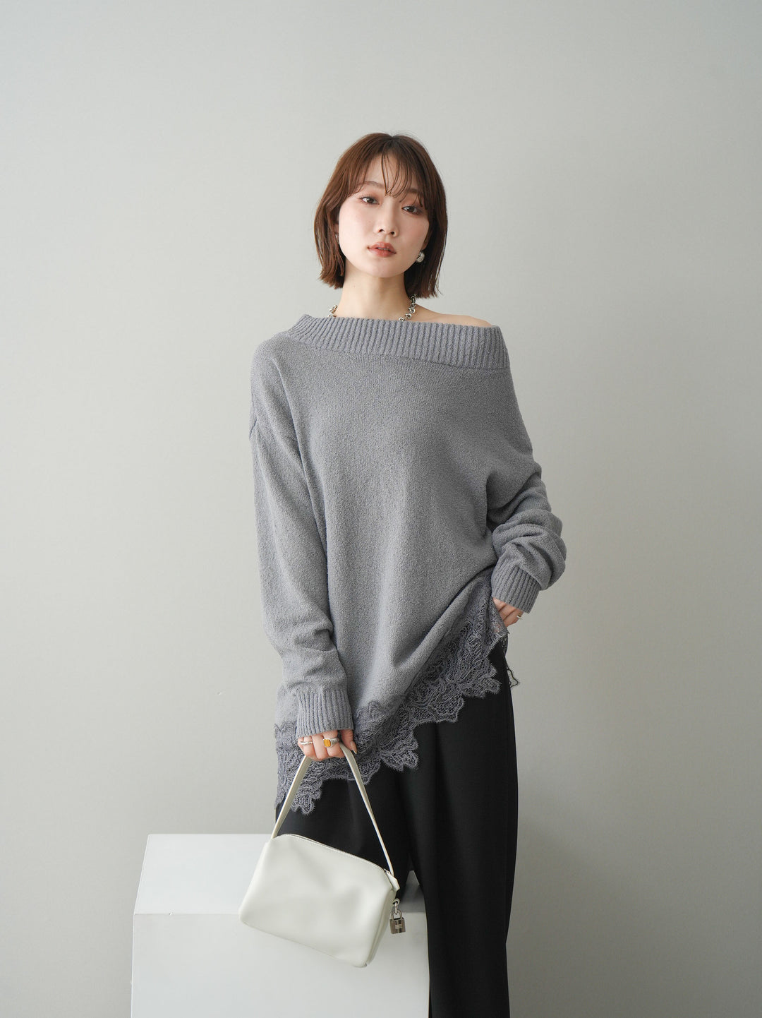 [SET]アシンメトリーレースヘムニットプルオーバー+アシンメトリーレースヘムニットプルオーバー(2set)