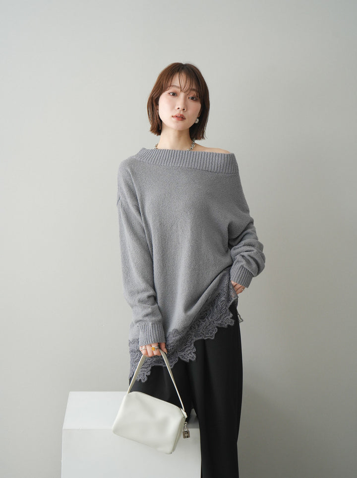 [SET]アシンメトリーレースヘムニットプルオーバー+アシンメトリーレースヘムニットプルオーバー(2set)