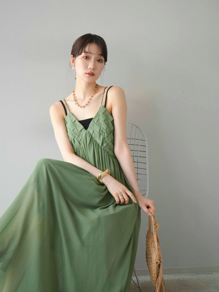 [予約]編み込みデザインシフォンワンピース/グリーン