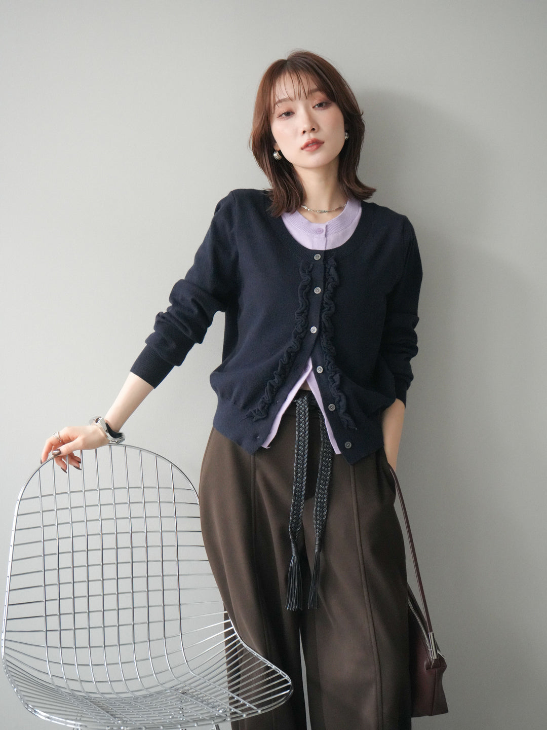 [予約]配色レイヤードフリルデザインニットカーディガン/black