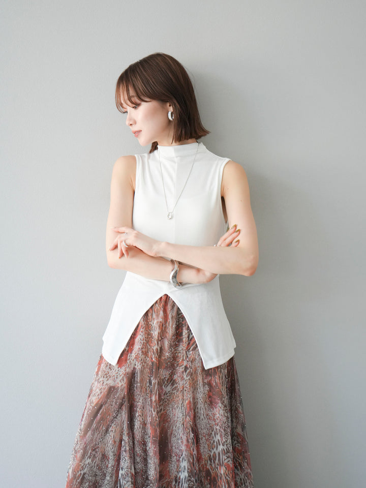 [予約]フロントスリットレーヨンニットトップス/ホワイト