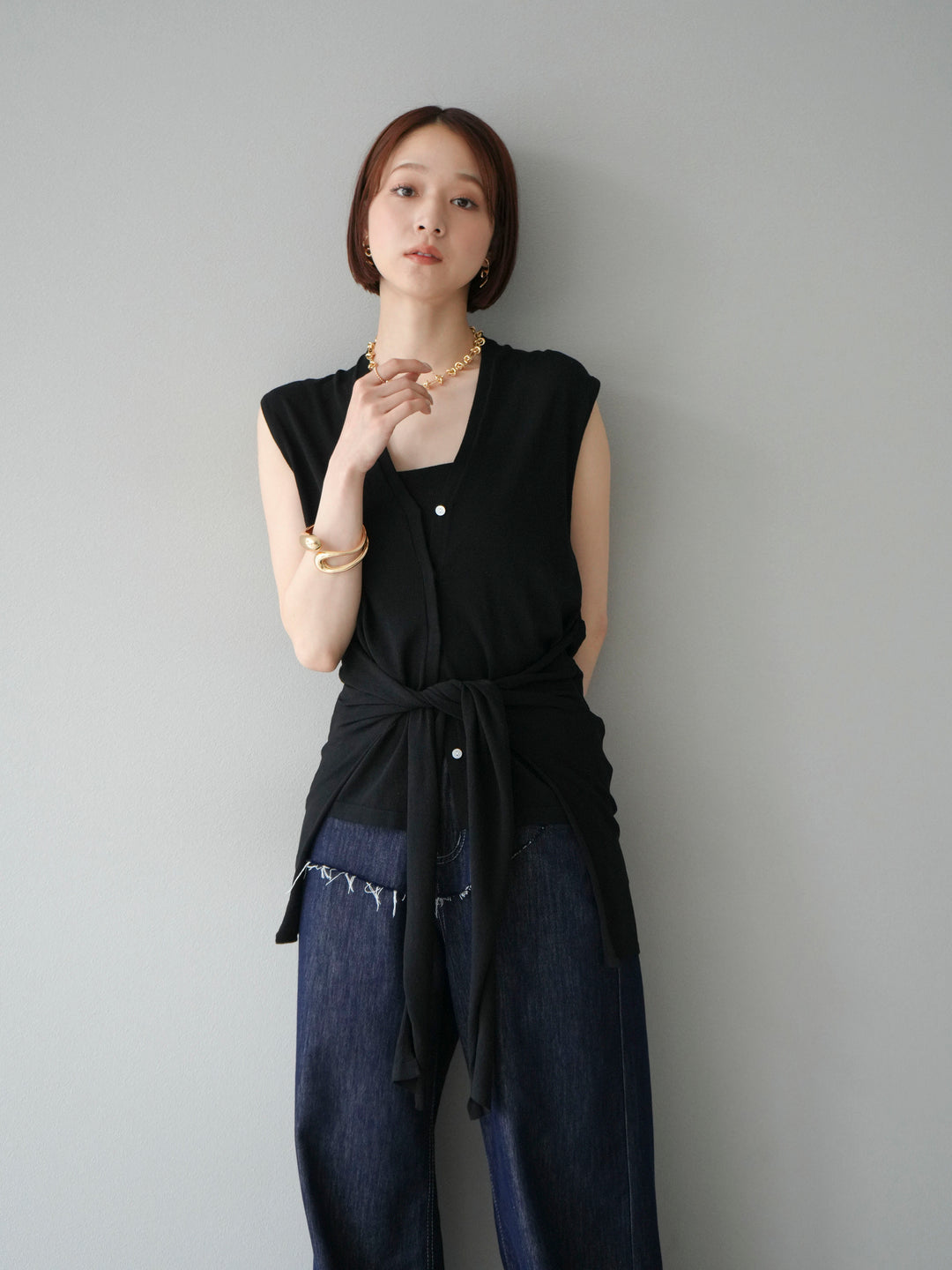 [SET]腰巻きデザインノースリーブニットカーディガン+ヒップデザインデニムパンツ(2set)