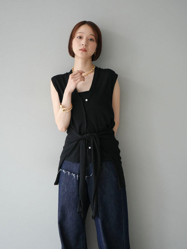 [SET]腰巻きデザインノースリーブニットカーディガン+ヒップデザインデニムパンツ(2set)