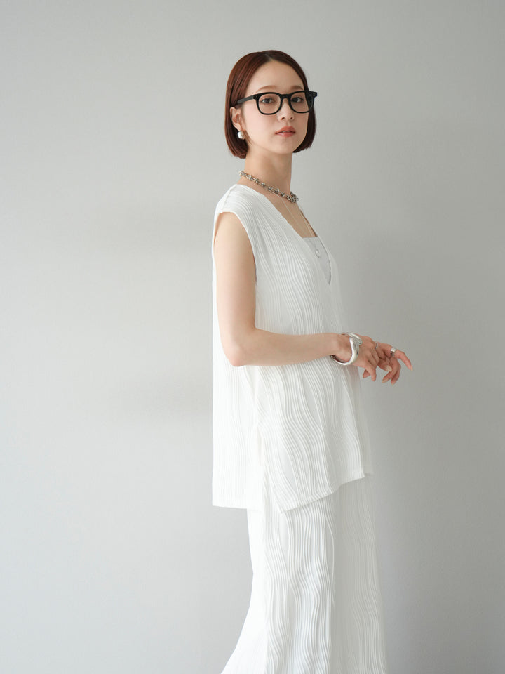 [SET]ウェーブパイピングVネックベスト+カップ付テレコリブベアキャミソール(2set)