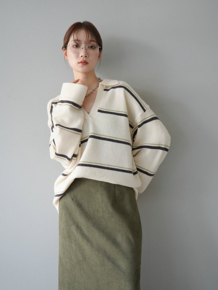 [予約]ポロ襟スキッパーボーダーニットプルオーバー/アイボリー