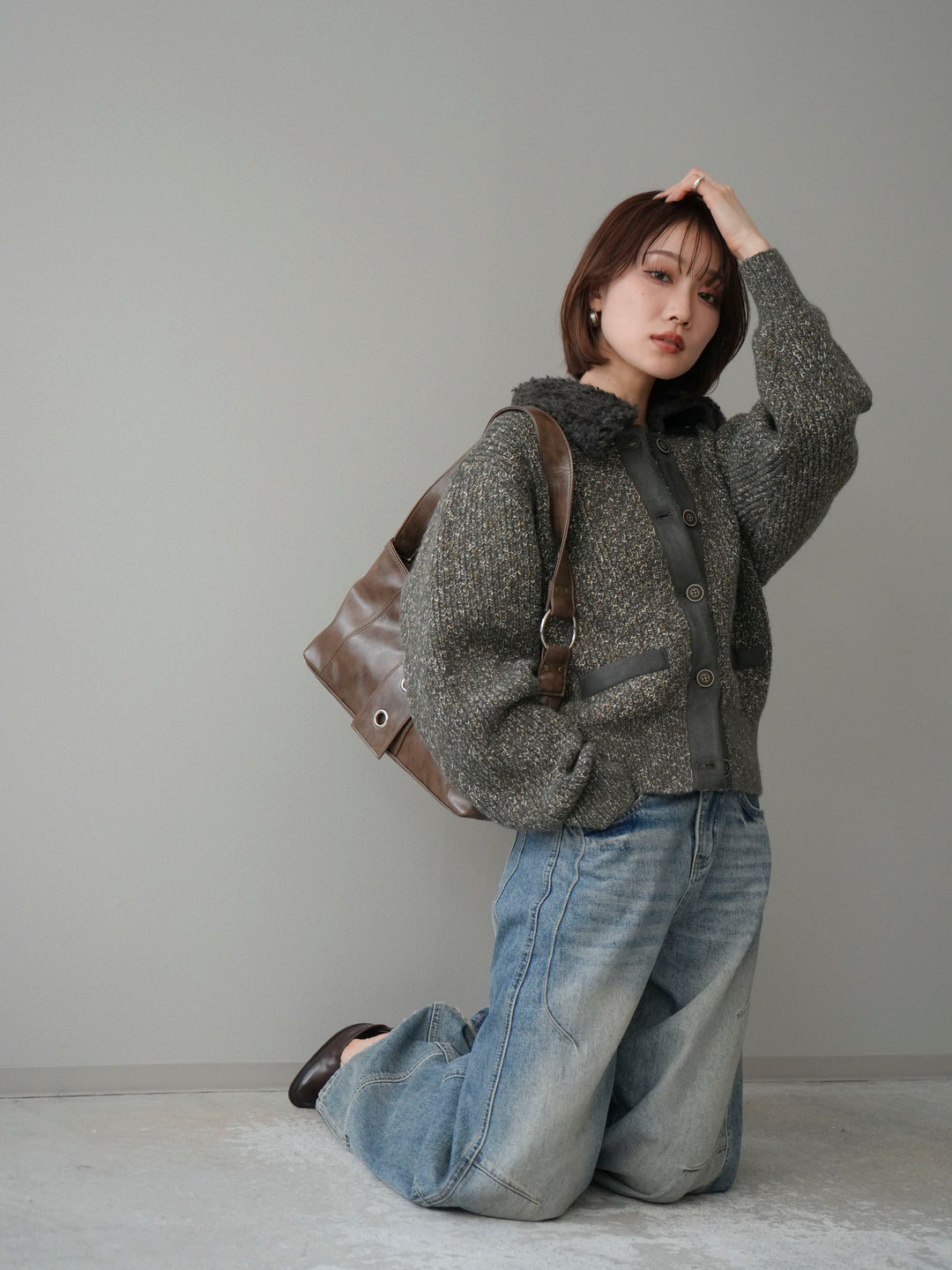 [予約]襟ボアミックスヤーンニットカーディガン/gray