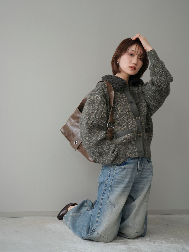 [予約]襟ボアミックスヤーンニットカーディガン/gray