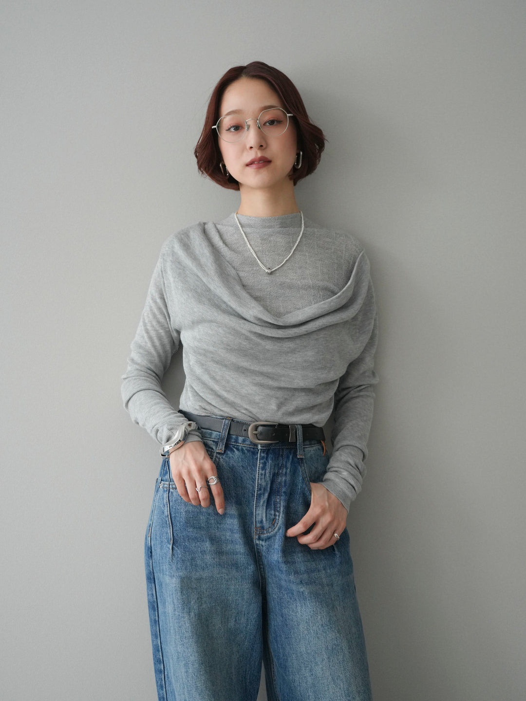 [予約]ボトルネックドレープレイヤードニットトップス/gray