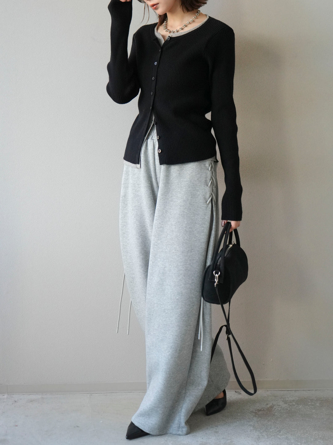 [予約]レイヤード配色ニットカーディガン/ブラック