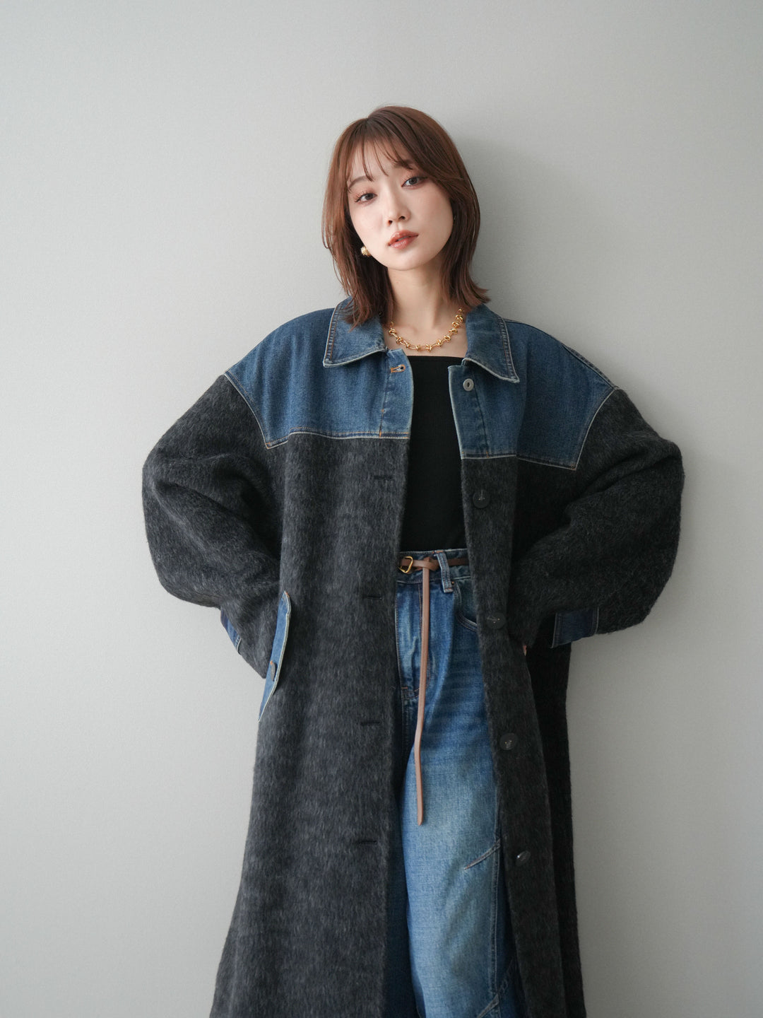 [予約]デニム切替シャギーステンカラーコート/charcoal