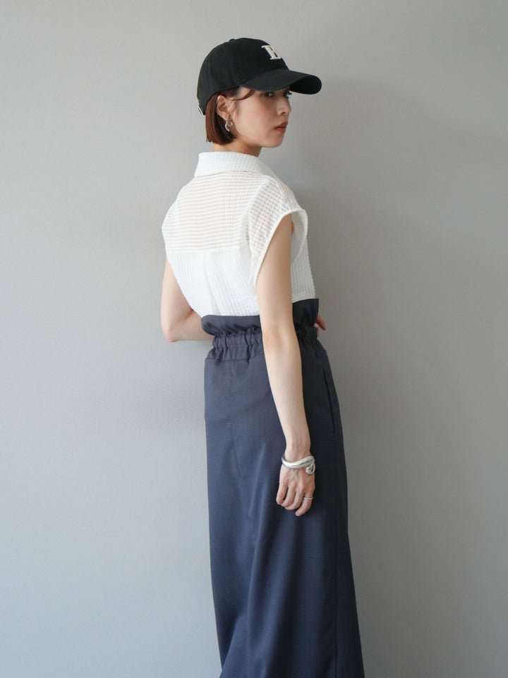 [SET]シアーチェックノースリーブシャツ+ヘザーエステルギャザージップスカート(2set)