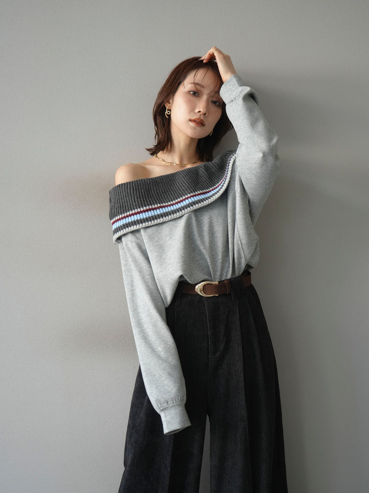 [予約]ボーダーニットオフショルダーxスウェットプルオーバー/gray