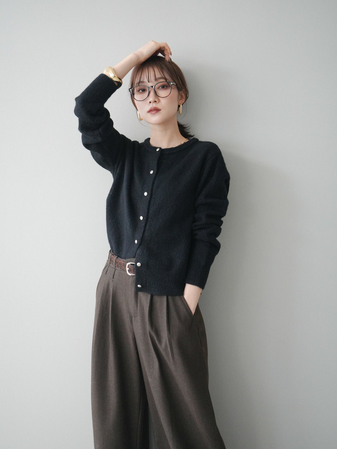 [SET]アンティークボタンニットカーディガン+アニマル柄ベルト付きウールタッチワイドパンツ(2set)