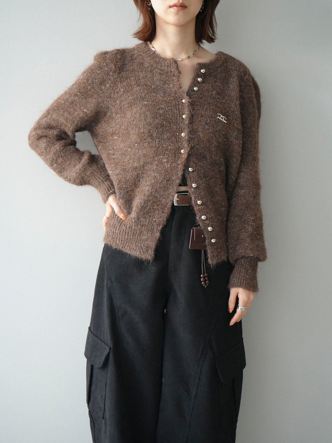 [SET]ブローチ付silverボタンミックスニットカーディガン+選べるアクセセット(2set)