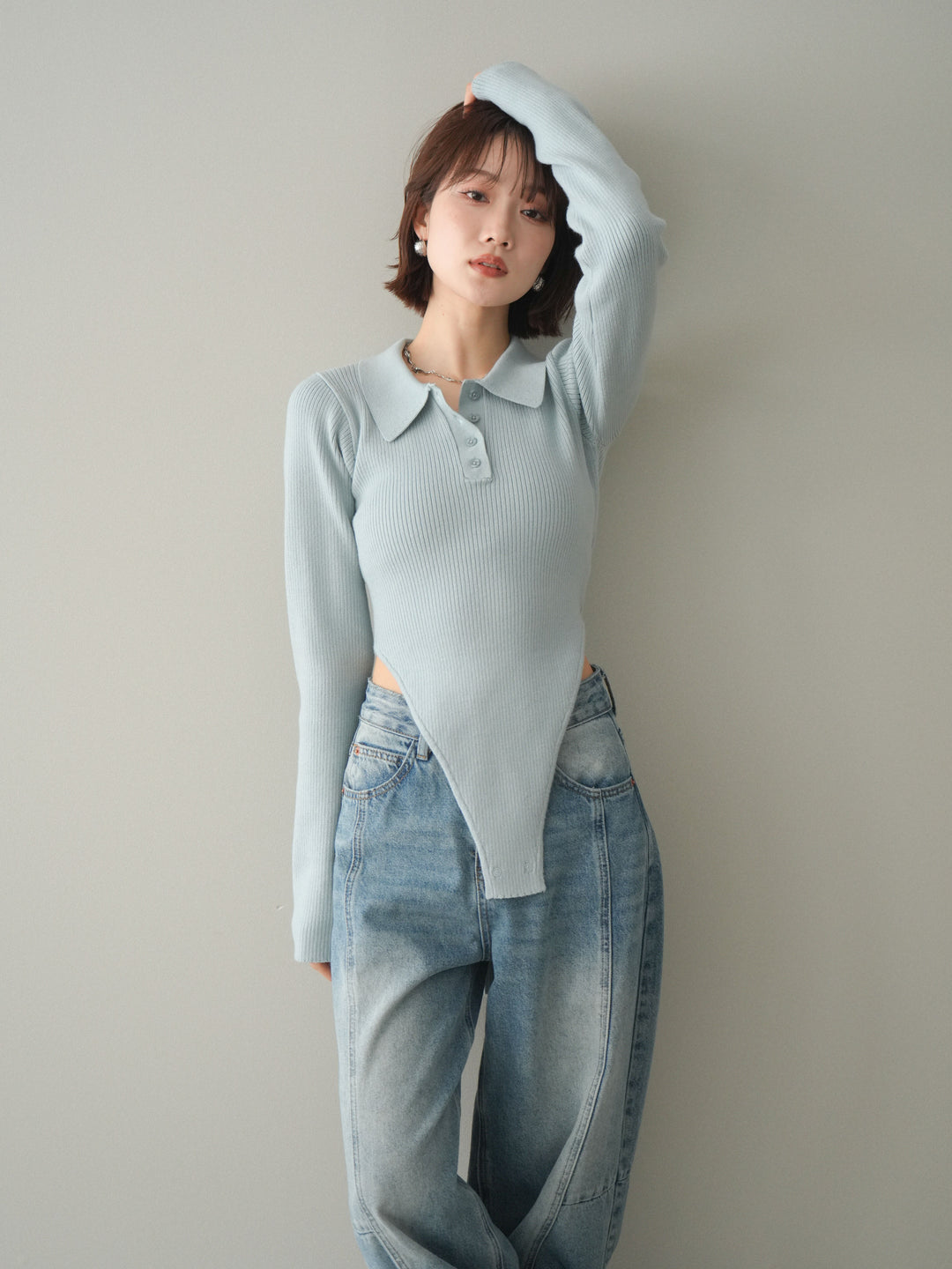 [予約]リブポロニットボディスーツ/blue