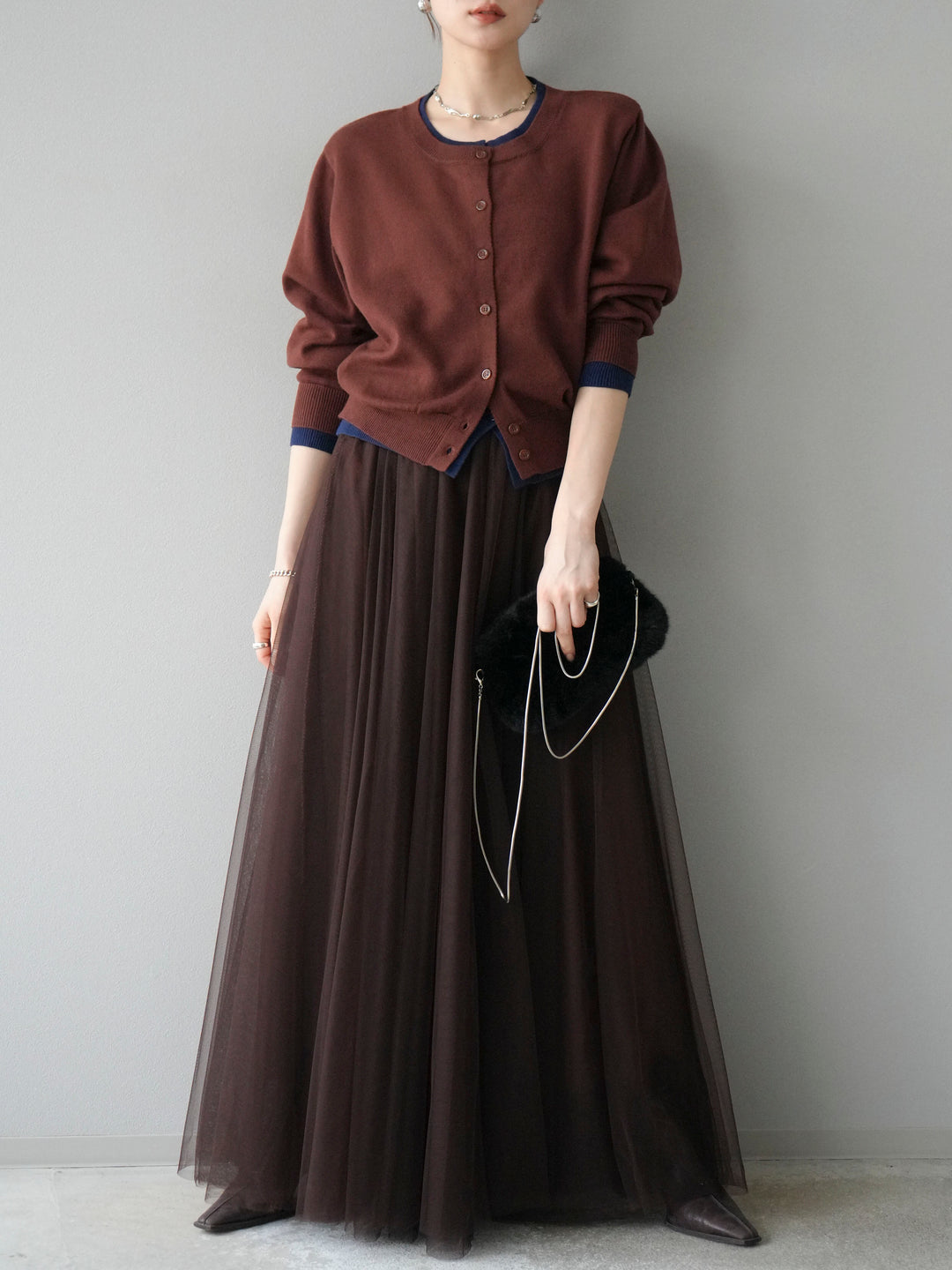 [SET]配色レイヤードカーディガン+チュールボリュームスカート(2set)