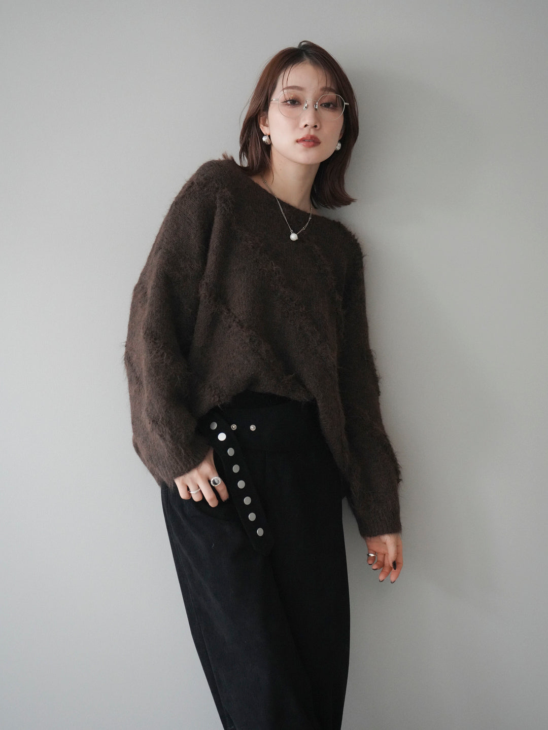 [予約]ブークレラインデザインニットプルオーバー/brown