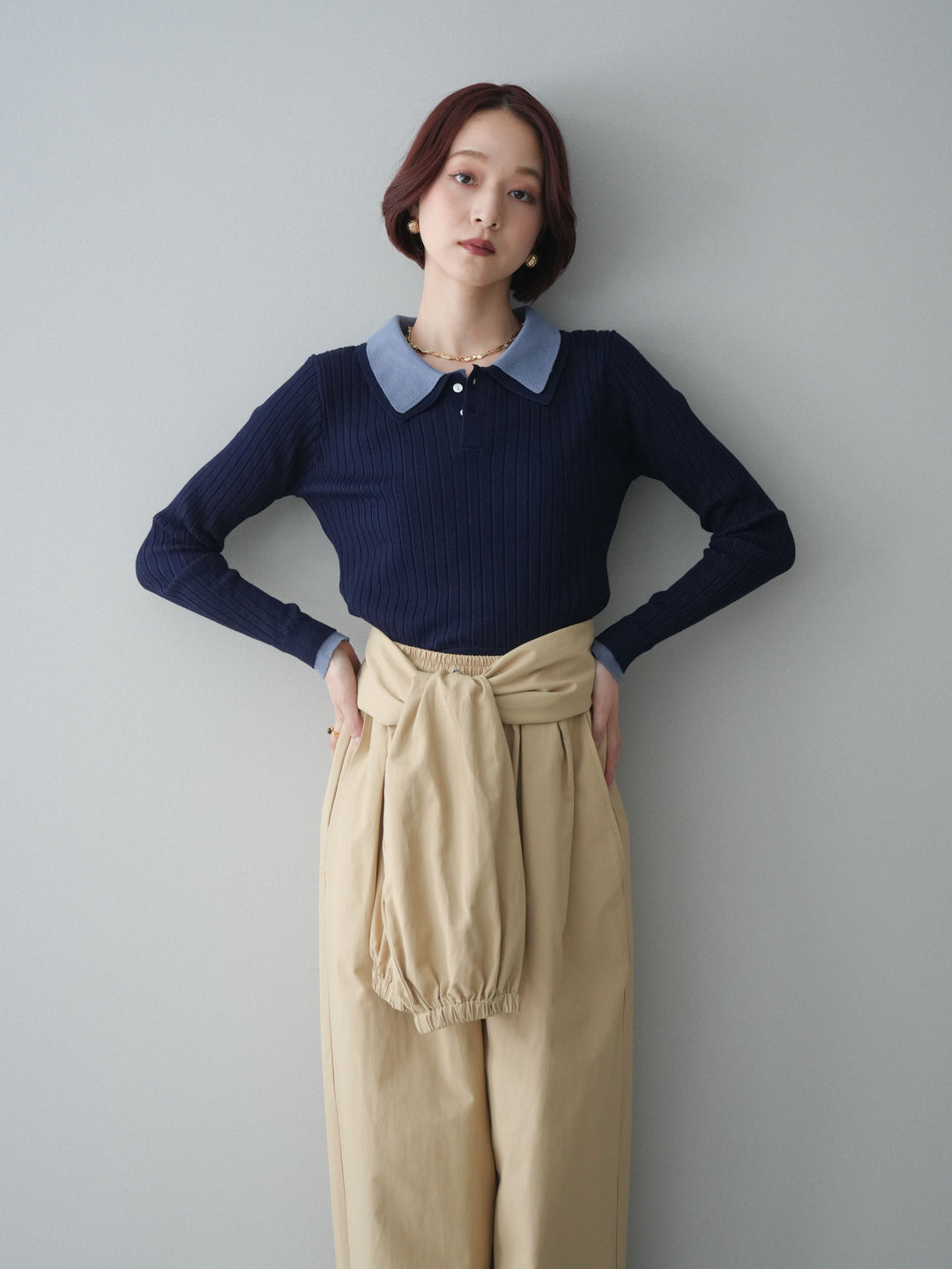 [予約]ダブル襟ポロリブニットトップス/navy