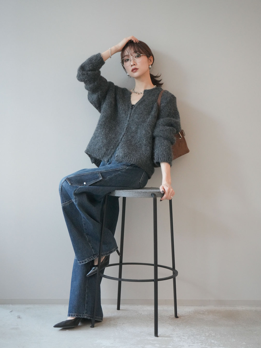 [予約]キーネックシャギーニットカーディガン/gray