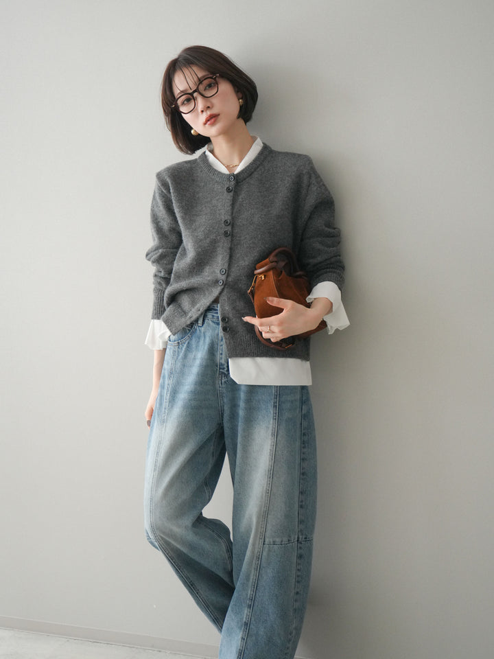 [SET]布帛ドッキングニットカーディガン+ガーメントウォッシュカーブデニムパンツ(2set)