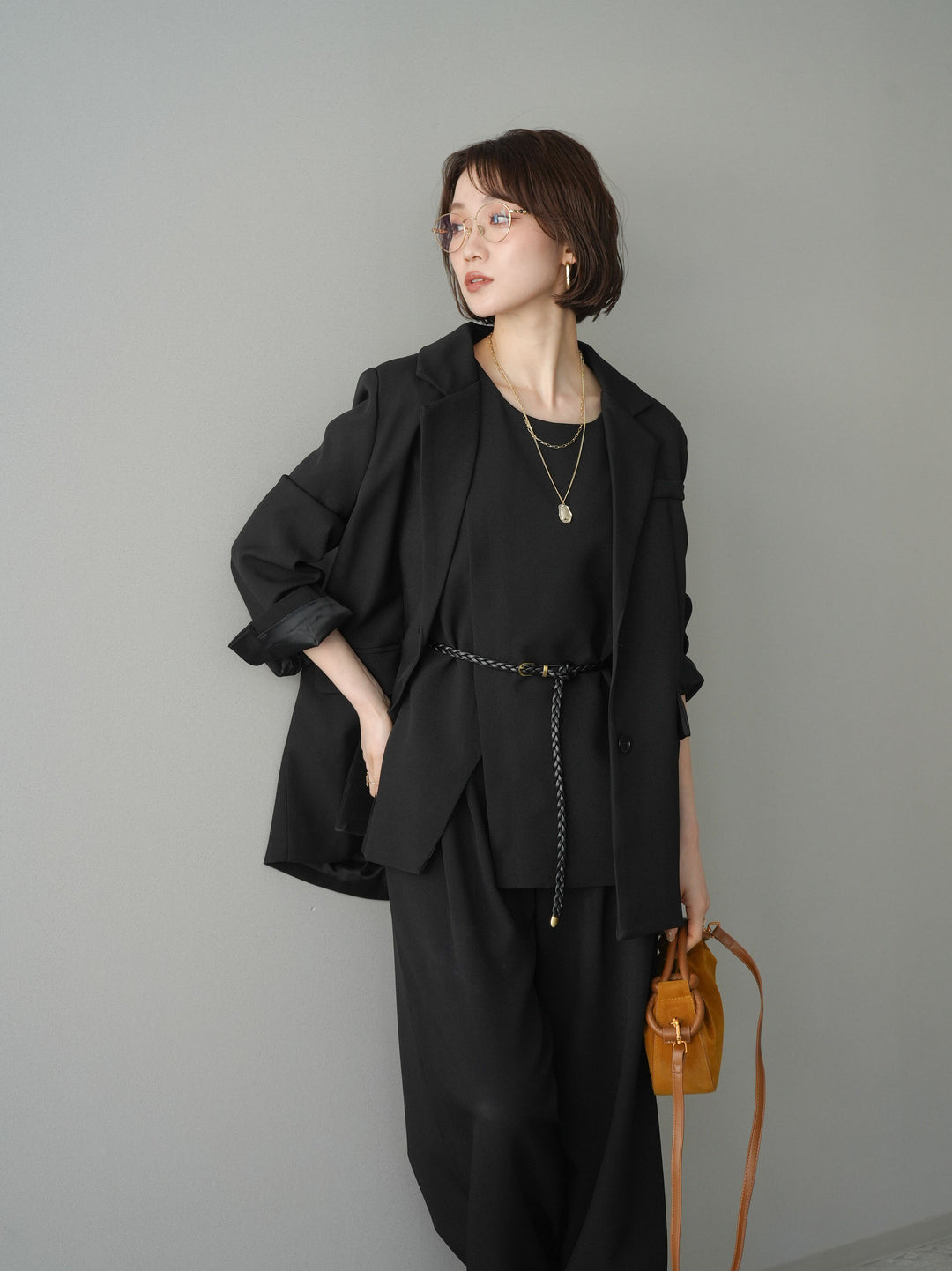 [SET]ベルト付ノースリーブトップス＆ワイドパンツSETUP+バックスリットデザインジャケット(2set)