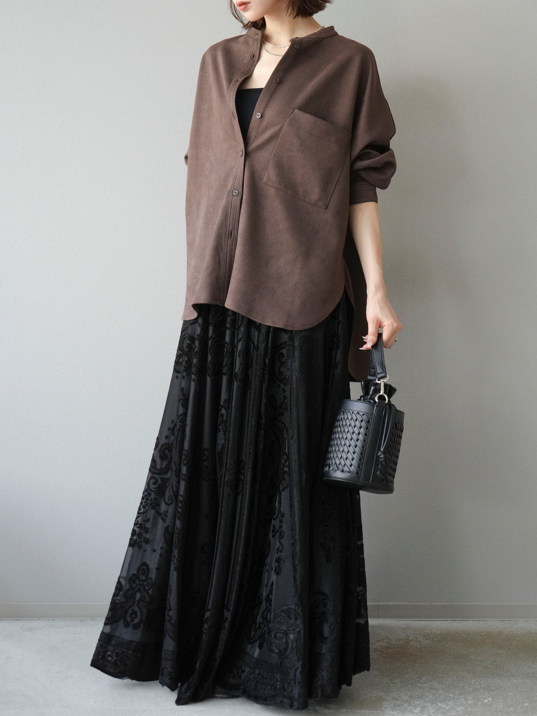 [SET]スエードバンドカラーオーバーシャツ+アンティーク柄フロッキーマキシスカート(2set)