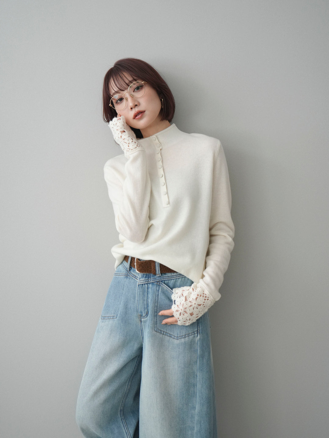 [SET]袖スカラップレースフロントボタンウールニットトップス+袖スカラップレースフロントボタンウールニットトップス(2set)