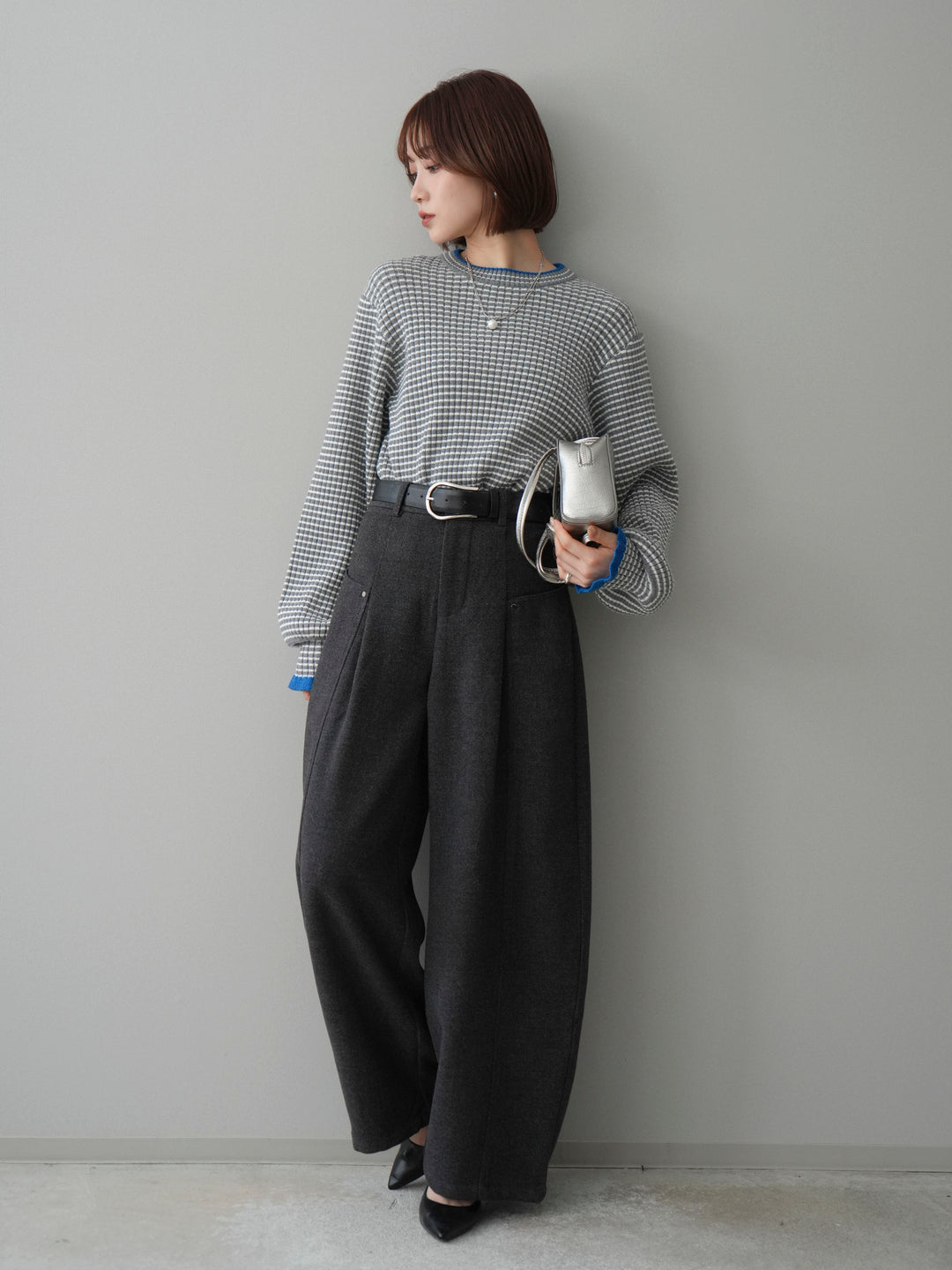 [予約]ラメ異素材ボーダーリブニットプルオーバー/charcoal×blue