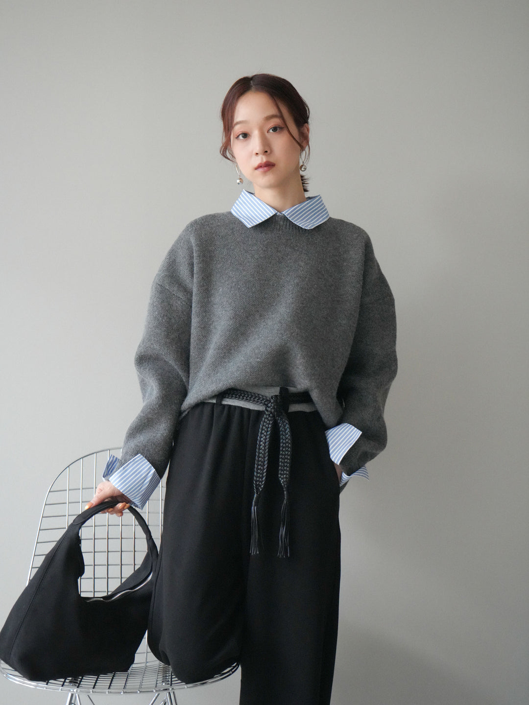 [SET]2WAYストライプ襟ニットプルオーバー+編み込みベルト付きウエスト配色スエットパンツ(2set)