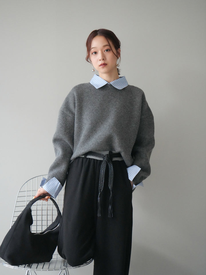 [SET]2WAYストライプ襟ニットプルオーバー+編み込みベルト付きウエスト配色スエットパンツ(2set)