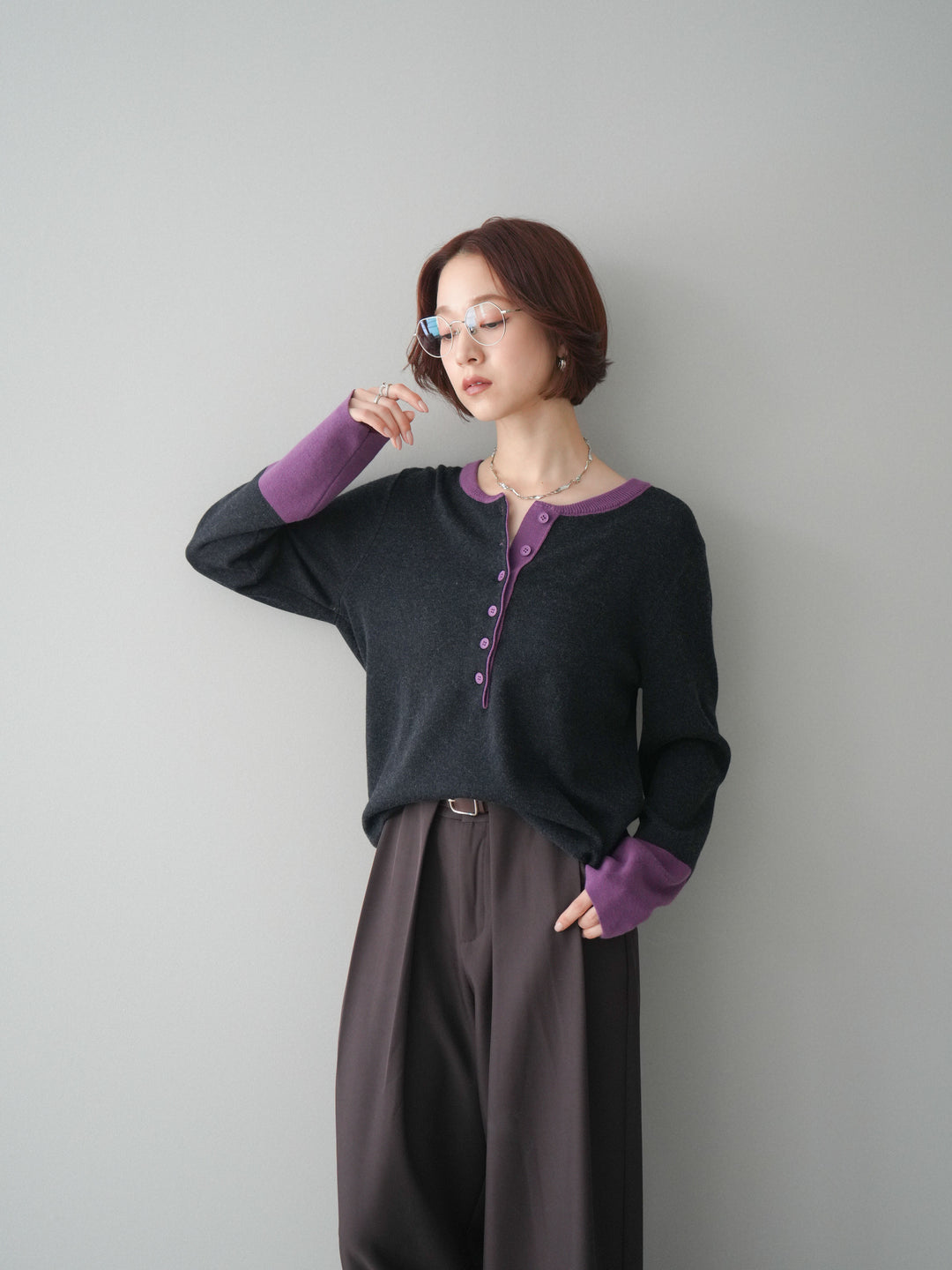 [SET]ヘンリーネック配色ニットソー+ベルトループデザインワイドパンツ(2set)