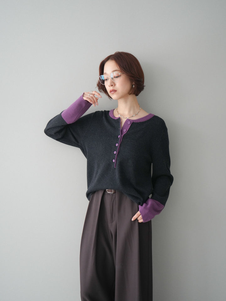 [SET]ヘンリーネック配色ニットソー+ベルトループデザインワイドパンツ(2set)