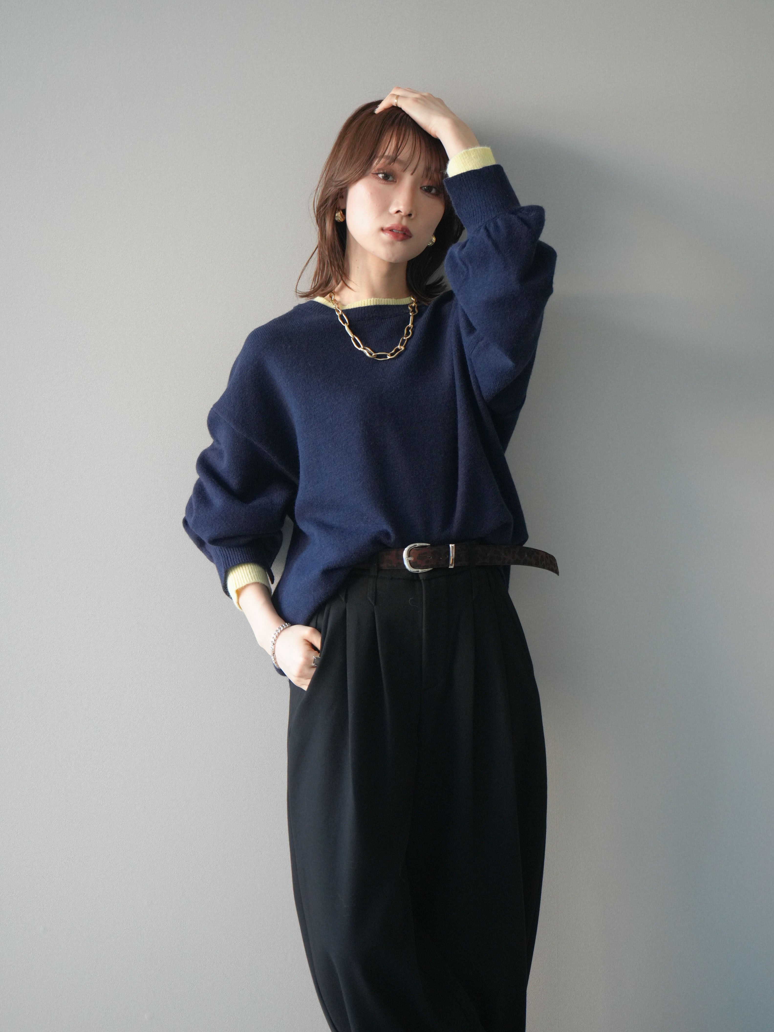 予約]ヘンリーネック配色レイヤードニットプルオーバー/navy – Lumier