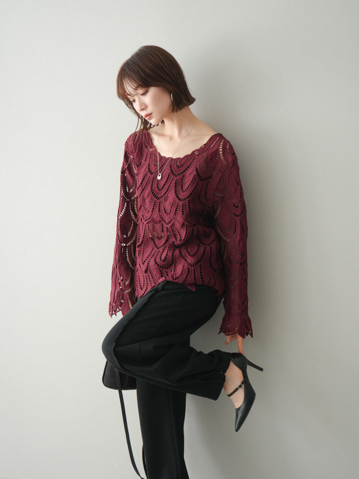 [予約]透かしコードレースブラウス/bordeaux