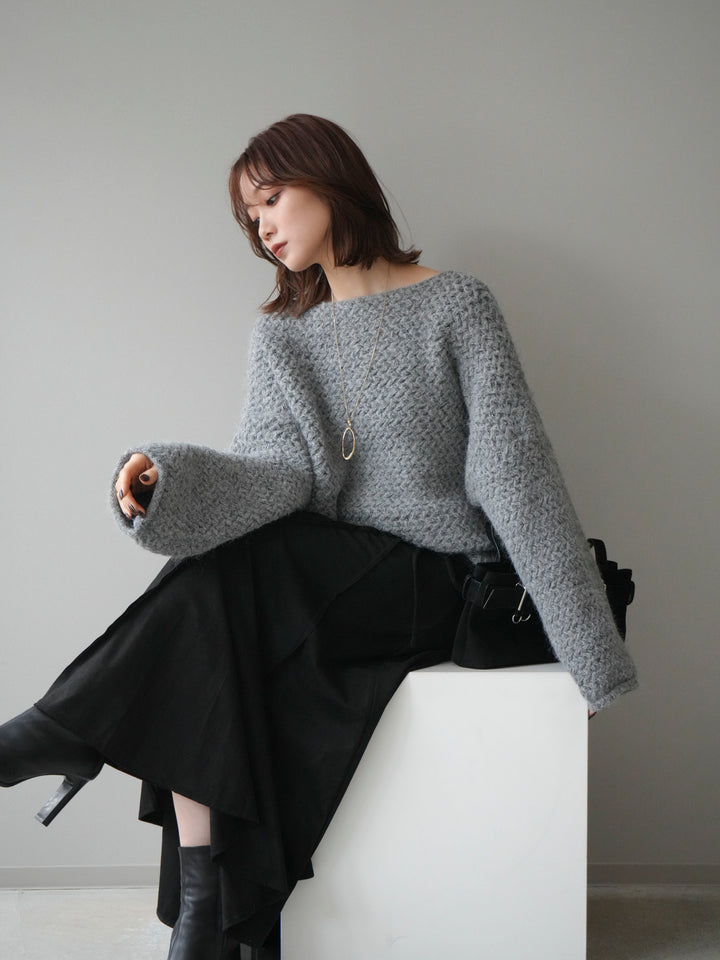 [予約]ワッフル編みオーバーニットプルオーバー/gray