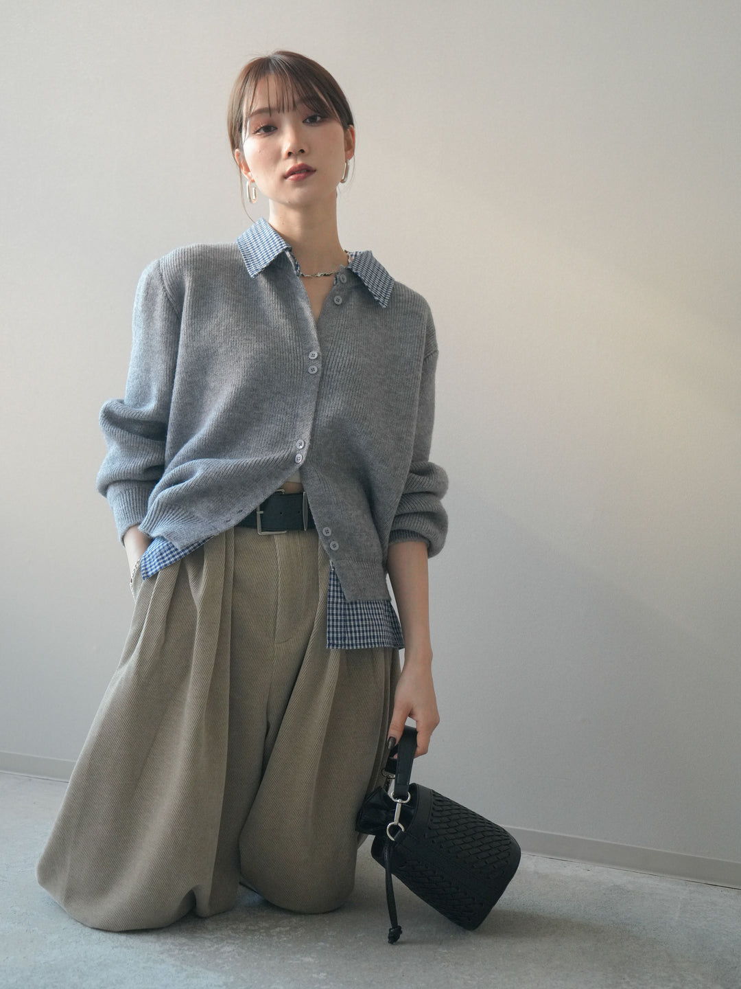 [SET]チェックシャツ襟ニットカーディガン+選べるアクセセット(2set)