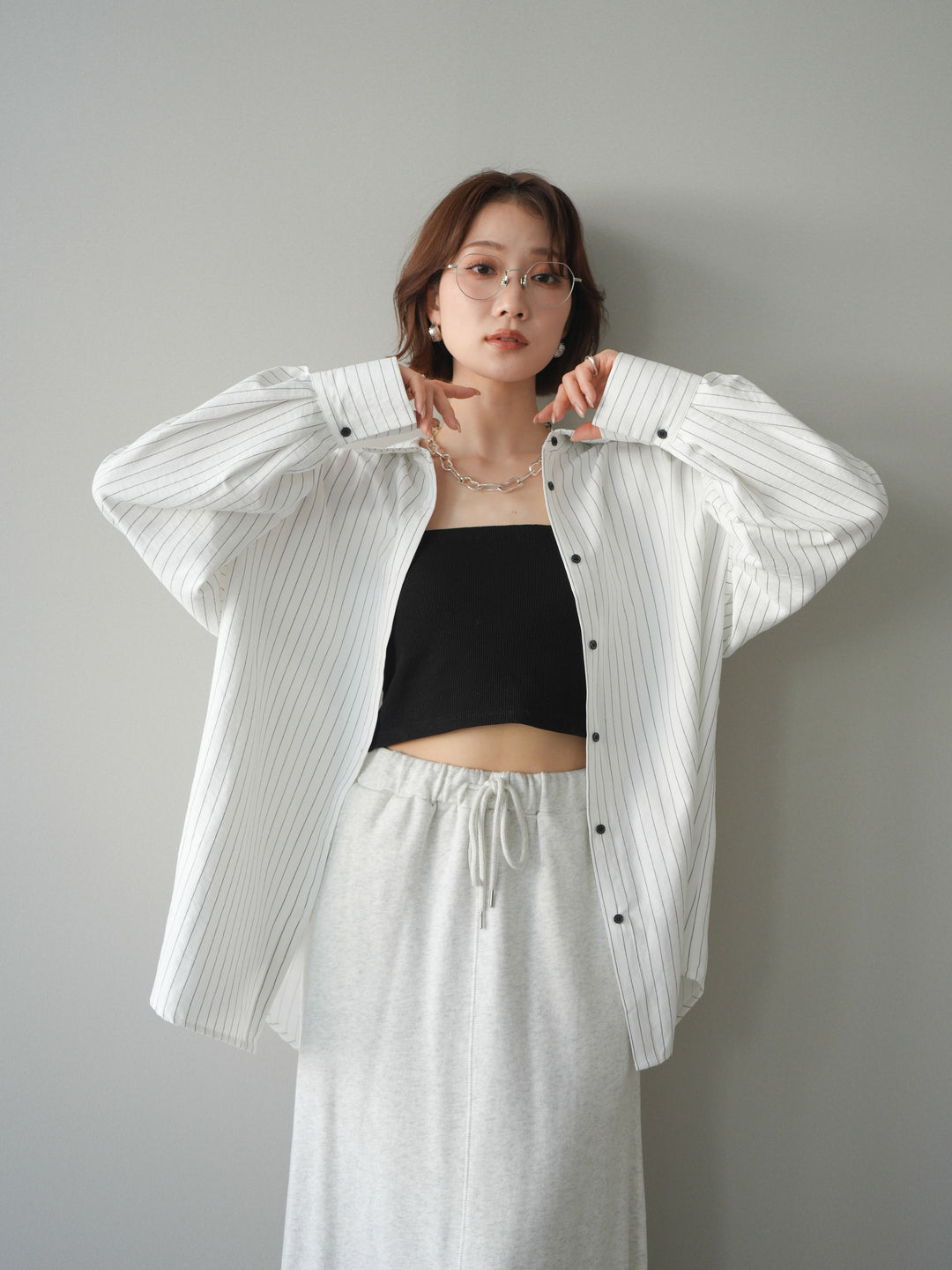 [SET]2WAYカシュクールストライプブラウス+スウェットフレアロングスカート(2set)