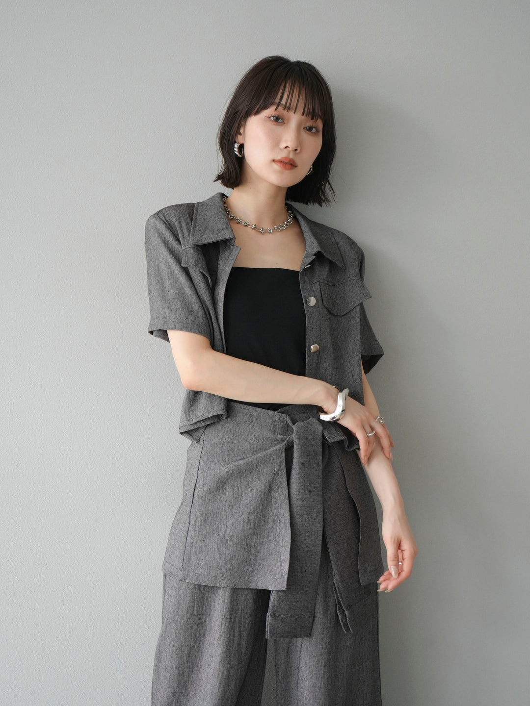 [SET]リネンタッチハーフシャツ＆ラップワイドパンツSET UP(2set)