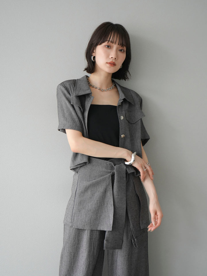 [SET]リネンタッチハーフシャツ＆ラップワイドパンツSET UP(2set)