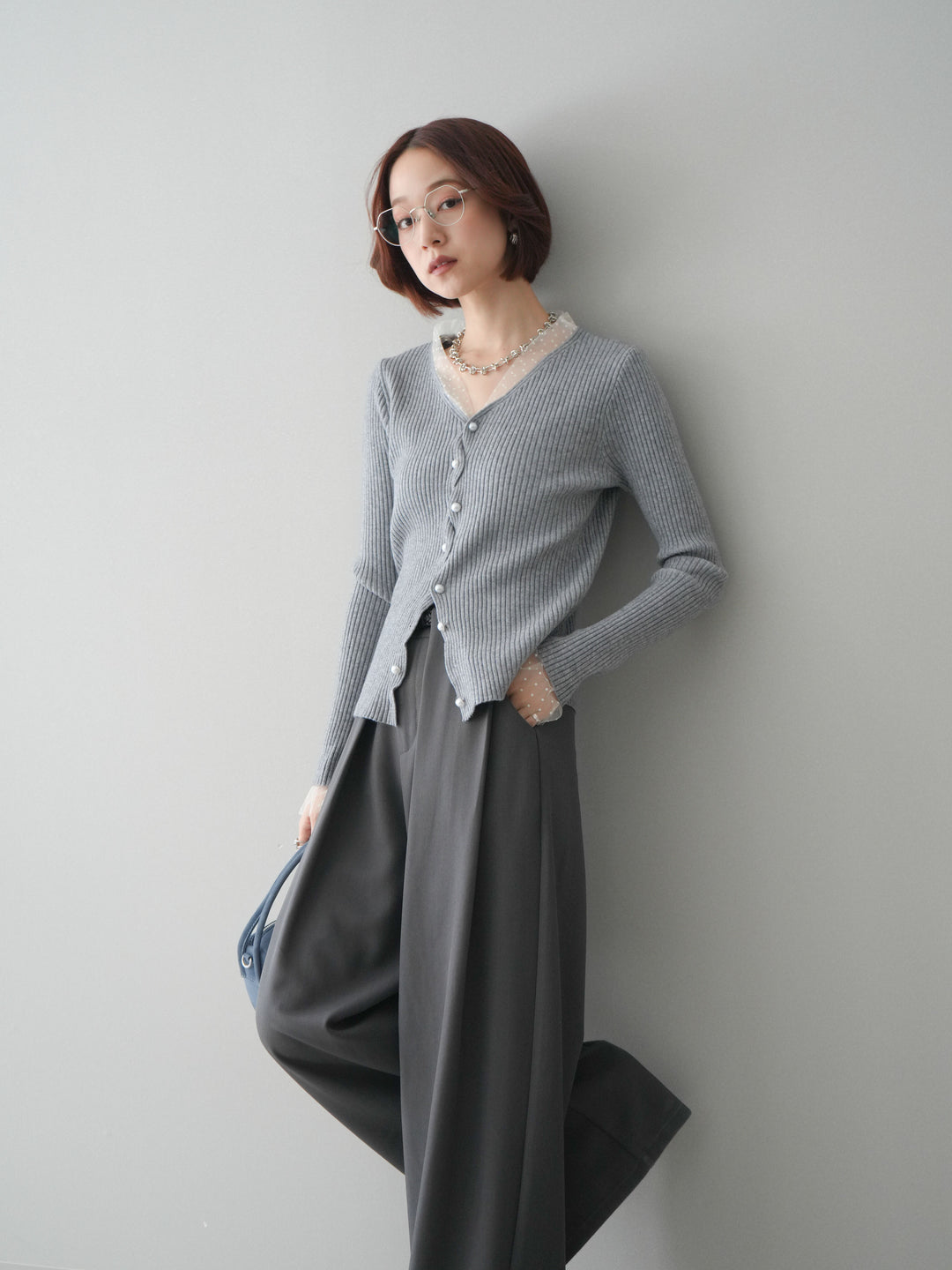 [SET]チュールドッキングパールボタンニットカーディガン+選べるアクセセット(2set)