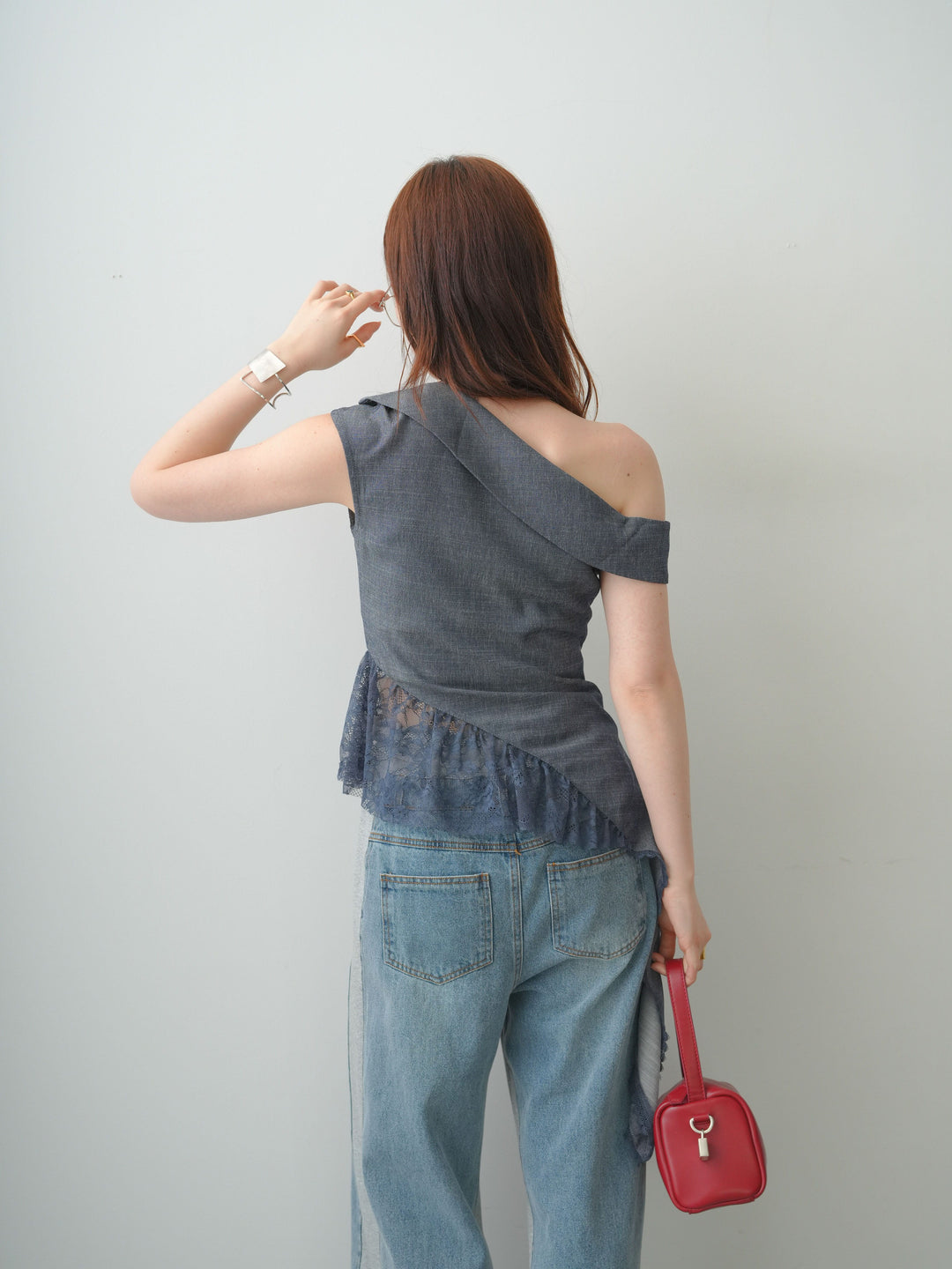 [SET]アシンメトリーラッフルレースヘムトップス+デニム切替スウェットパンツ(2set)
