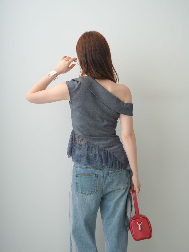 [SET]アシンメトリーラッフルレースヘムトップス+デニム切替スウェットパンツ(2set)