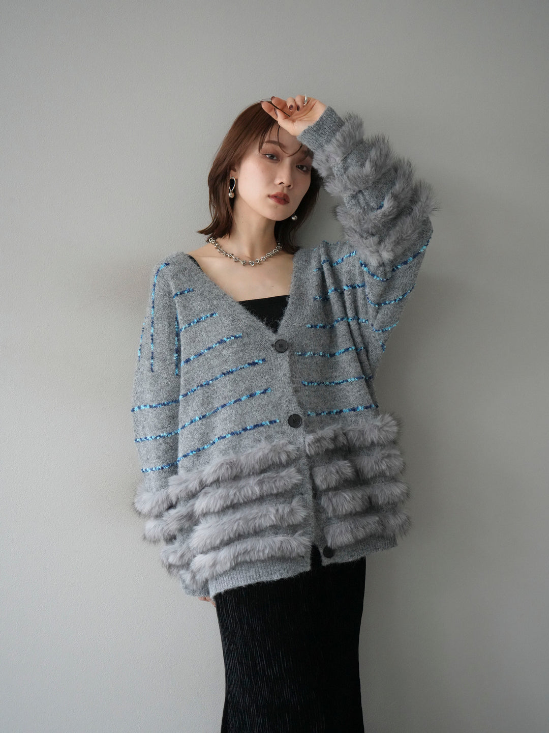 [SET]フェザーライン配色シャギーニットカーディガン+ベロアプリーツナロースカート(2set)