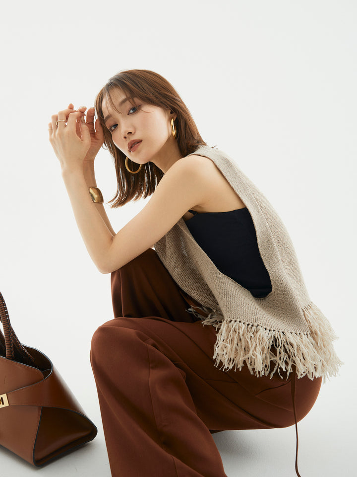 【Allure】[SET]フェザーヤーンニットベスト+ラップデザインタックワイドパンツ(2set)