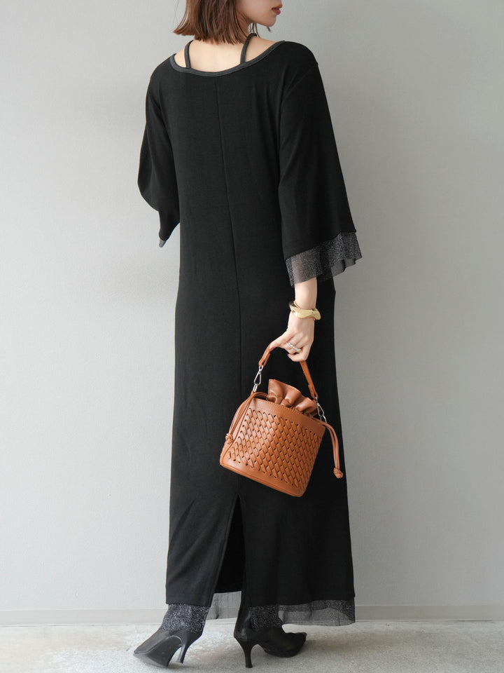 [予約]デザインネックラメシアー切替ニットワンピース/ブラック