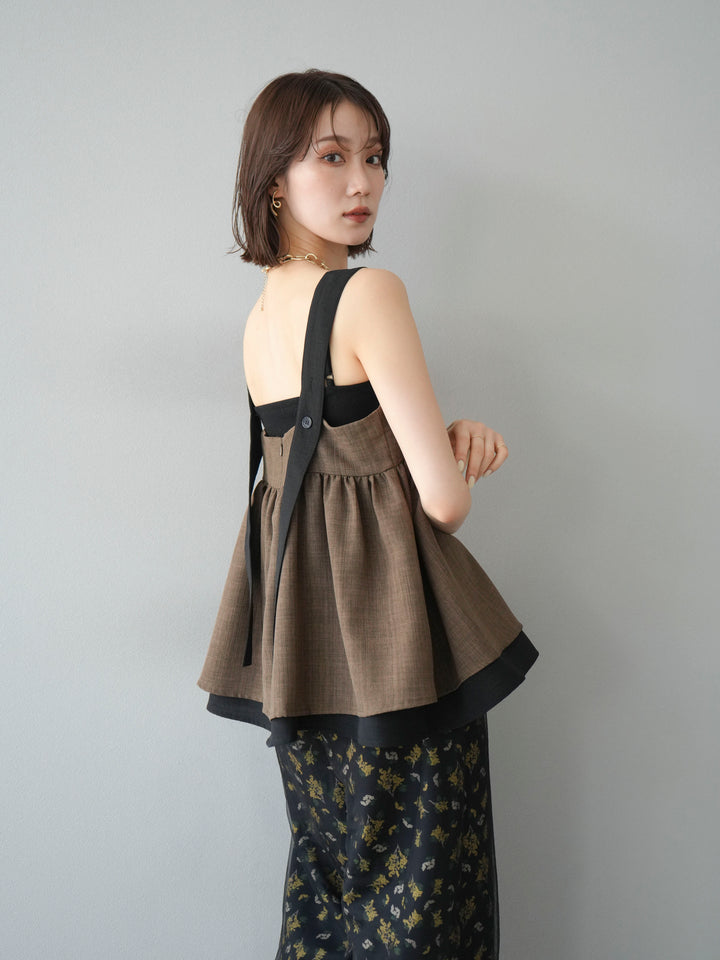 [SET]リネンライク配色フレアタンクトップ+コード刺繍チュールレイヤードパンツ+ブーケプリントタックパンツ(3set)