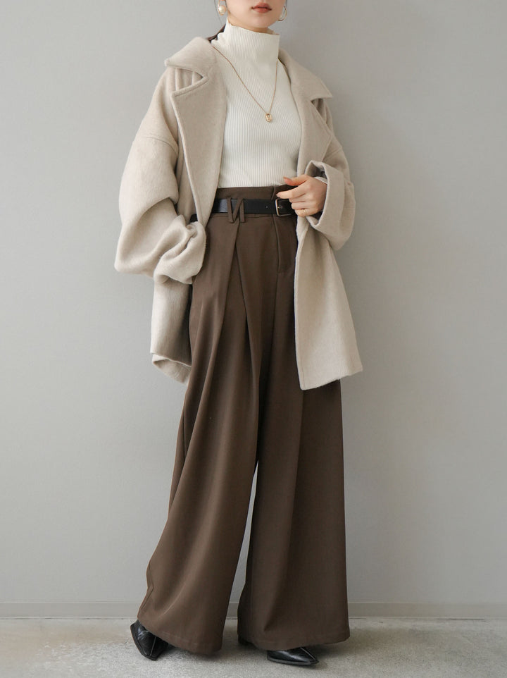 [SET]フェイクビーバーミドルコート+袖ボタンハイネックリブニットトップス+ベルト付ウールタッチワイドパンツL(3set)