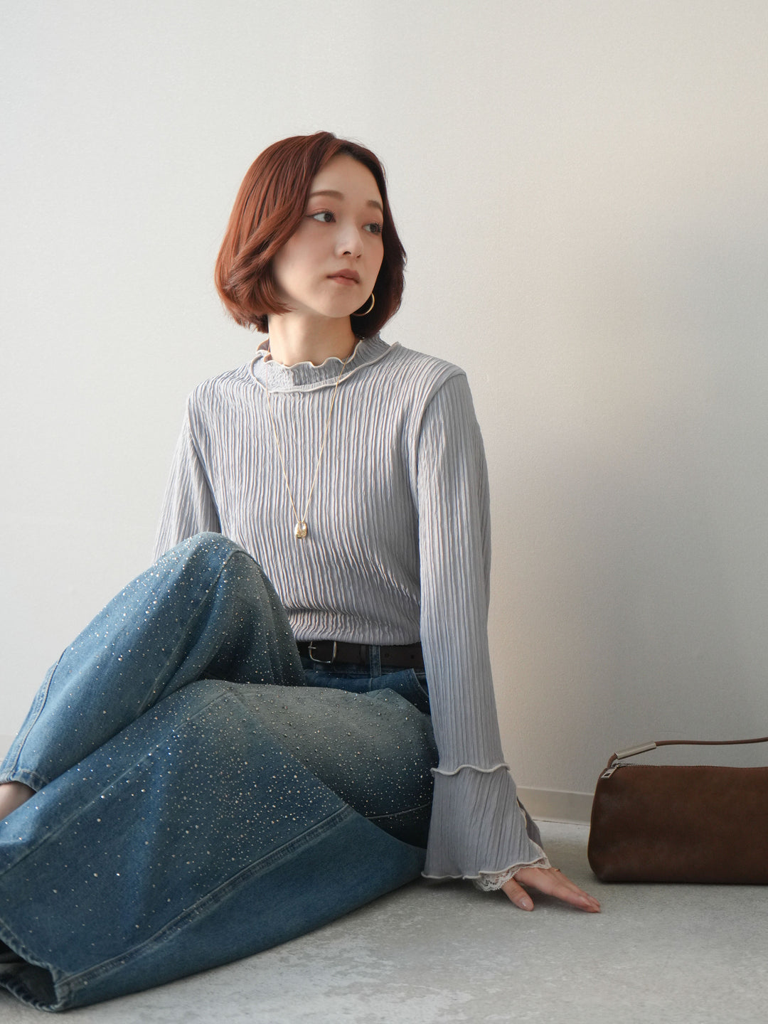 [予約]袖レース楊柳メロートップス/lightgray