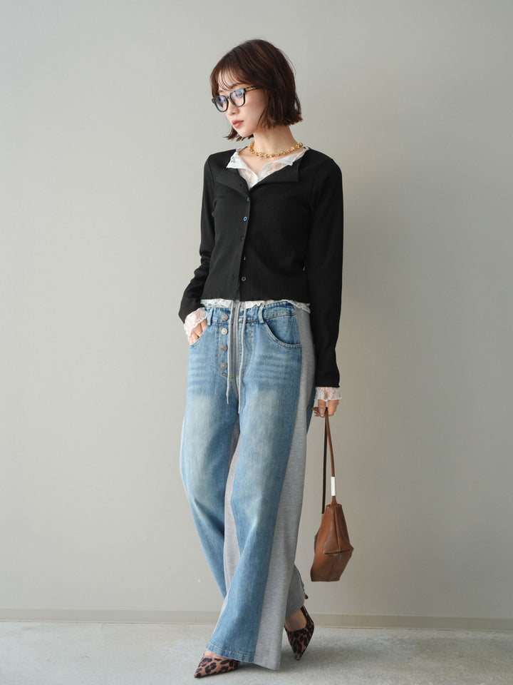 [SET]レースドッキングテレコリブカーディガン+デニム切替スウェットパンツ(2set)