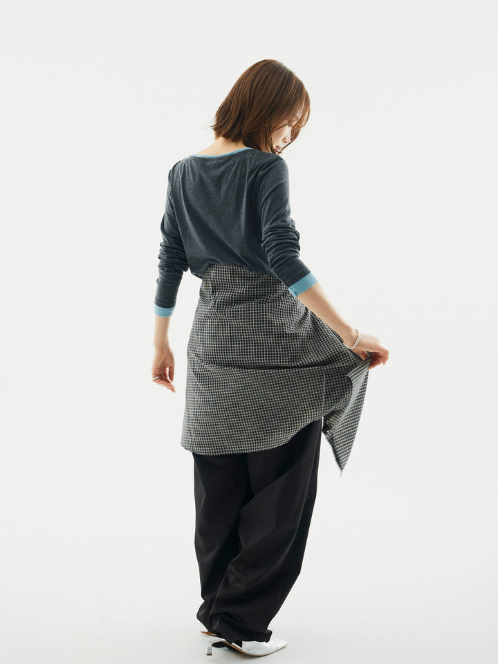 【Allure】[SET]配色レイヤードヘンリーネックトップス+タフタワイドカーブパンツ(2set)